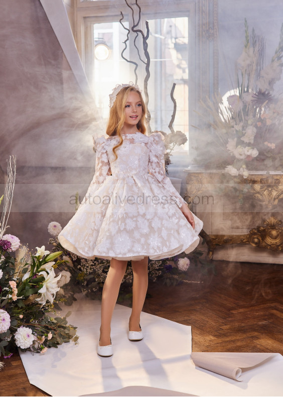 Beaded Ivory Lace Tulle Floral Short Flower Girl Dress Beaded Ivory Lace Tulle Floral Short Flower Girl Dress